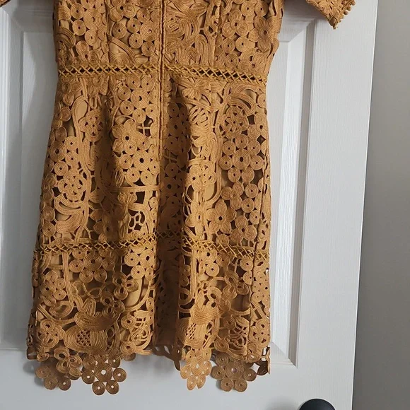 Adelyn Rae Lace V-neck Short Sleeve  Sheath Mini Dress: Color- Mustard - Picture 9 of 11